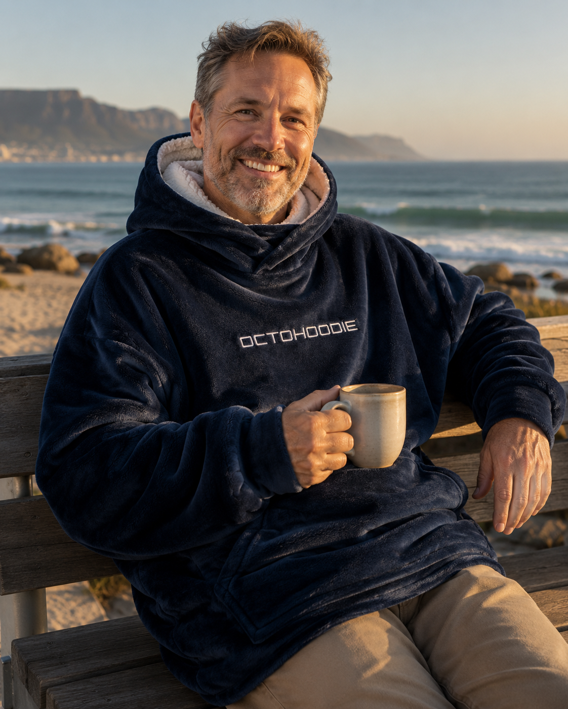 Man wearing an OctoSnug sitting on a beach
