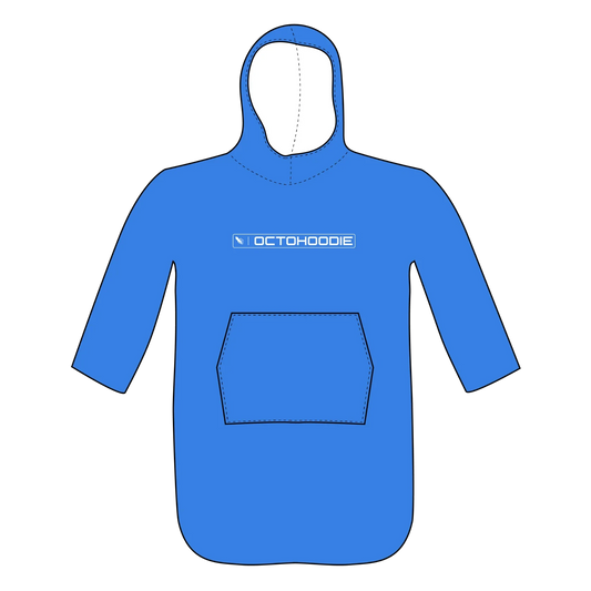 A kids' ultramarine blue hoodie with a hood, featuring a logo on the front and a kangaroo pocket design.