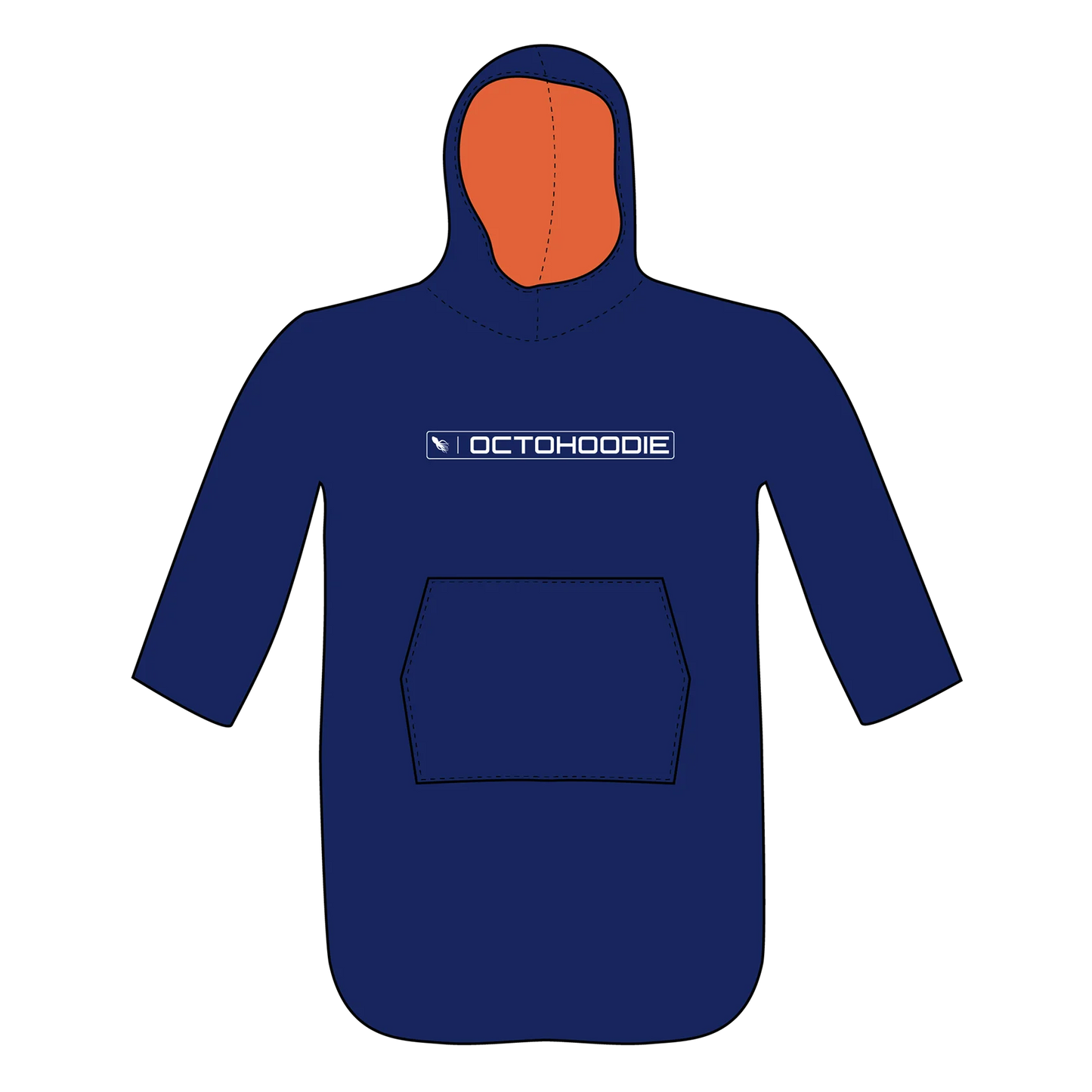 Kids Two Oceans Drift Octohoodie — navy blue long-sleeved poncho hoodie towel with orange-lined hood and kangaroo pocket