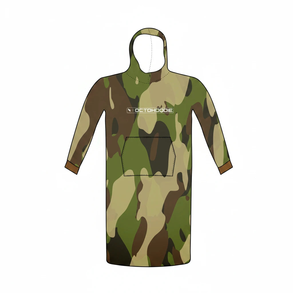 An oversized camouflage Polar fleece Octohoodie blanket with a hood and fitted cuffs, designed for warmth in winter.
