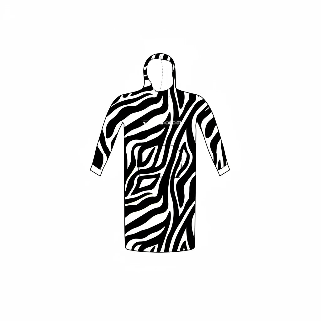 A black and white zebra print Polar Fleece Octohohoodie with a hood and long sleeves.