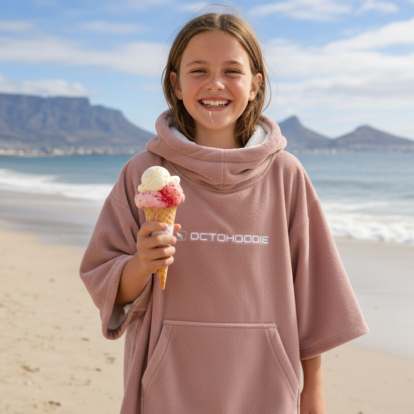 Person wearing a pink hooded towel Octohoodie long-sleeved on a beach with Table Mountain in the background