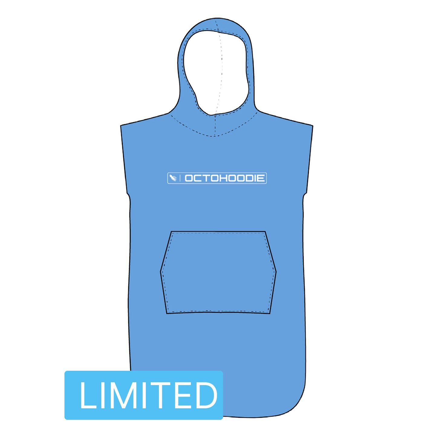Blue hooded poncho with a pocket and 'Octohoodie' logo