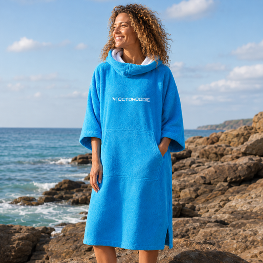 A woman wearing a Turquoise Octohoodie with long-sleeve