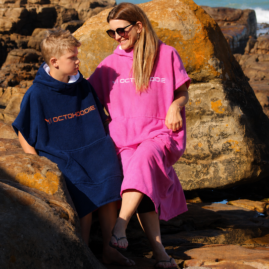 Mother and son in Octohoodie at tidal pool