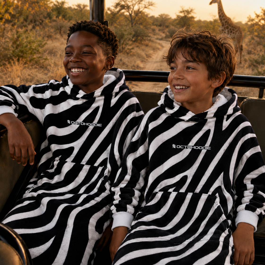 Two children wearing Octohoodie winter fleece Zebra Print ponchos sitting in a vehicle with a giraffe in the background.